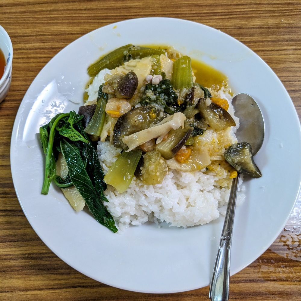 白い皿に盛られたご飯の上に、ナス、チンゲン菜、きのこ、豆腐などのターラポットがのっており、左側には茹でた青菜が添えられている。スプーン付き。