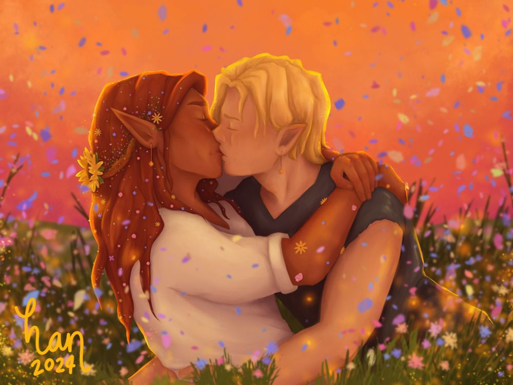 illustration of two dungeons and dragons characters kissing in a field of flowers