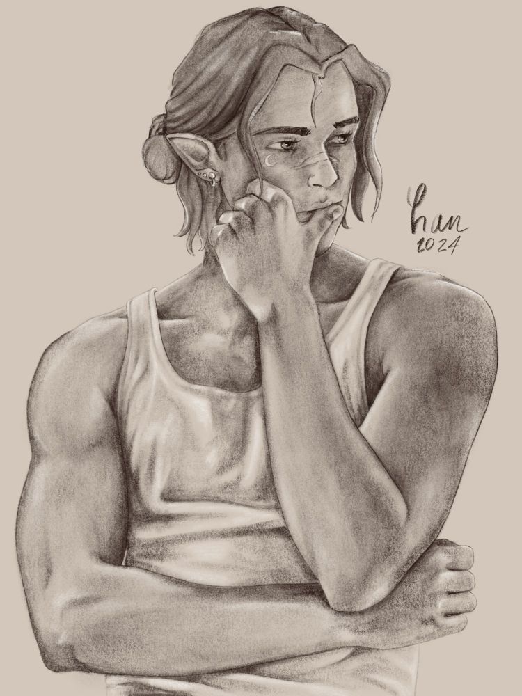 Black and white Dungeons and Dragons OC art. Half Elven man with shoulder length hair partially pulled into a bun. His face is resting on one of his hands as he looks off to the side.