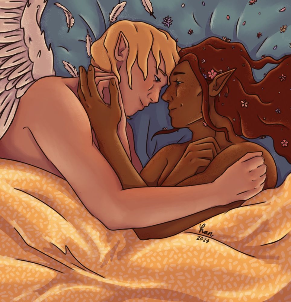 two dungeons and dragons characters laying in bed, gazing at each other