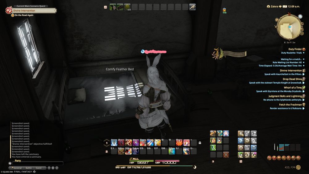 A screenshot from FFXIV showing my white haired bunny man standing in a really shabby inn room, looking at a nasty ass bed that's described as "comfy feather bed"