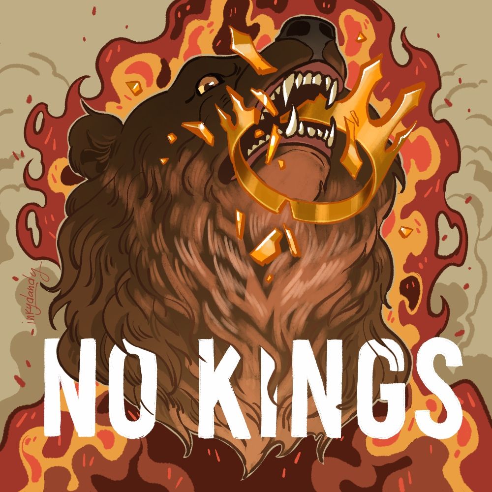 Art. Bear biting crown in half with fire behind it.