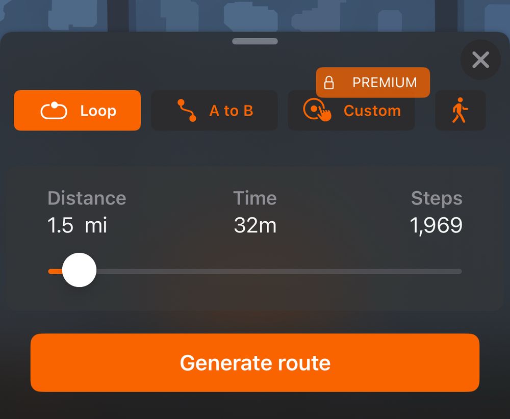 Screenshot of Hike Maker app that shows an estimated step count based on selected distance.