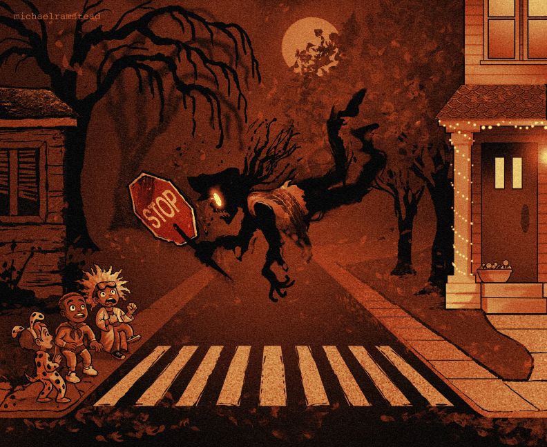 A Halloween night scene shows three children in homemade costumes—a Dalmatian, a superhero, and a mad scientist—looking terrified at a crosswalk.  Behind them, is their poor, run-down neighborhood. Across the street, the homes are well-kept and warmly lit with Halloween decorations and string lights, hinting that the better candy awaits on that side. In the middle of the street however, floats a ghostly crossing guard, wearing a tattered safety vest marked with a dark tire track. It holds up a bent stop sign to the children and it’s cracked glasses glow with eerie yellow light. The entire scene is bathed in a sepia-orange glow under a full moon, evoking both nostalgia and dread.