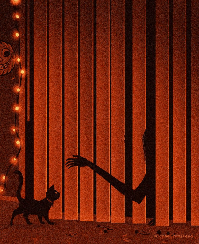 In an orange lit room, a strange, long, dark arm reaches through the blinds of a sliding door to pet a black cat that walks up to greet it. String lights line the door and a decorative jack o lantern paper cut out is taped to the wall above the cat. 