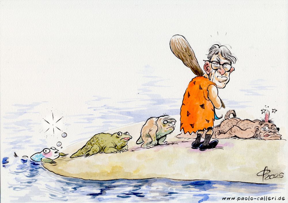 Karikatur. Verschiedene Wesen, die die Entwicklungsstadien der Menschen symbolisieren sollen, entsteigen einem Wasser. An Land hat Kulsturstaatsminister bereits ein menschenähnliches Wesen mittels einer Keule niedergestreckt. Jetzt blicken er und zwei Vorstufen des Menschen nach hinten, wo gerade ein Fisch aus dem Wasser steigen möchte. Aus seinem Maul entweichen Blasen, wovon eine in diesem Moment sternenförmig platzt.