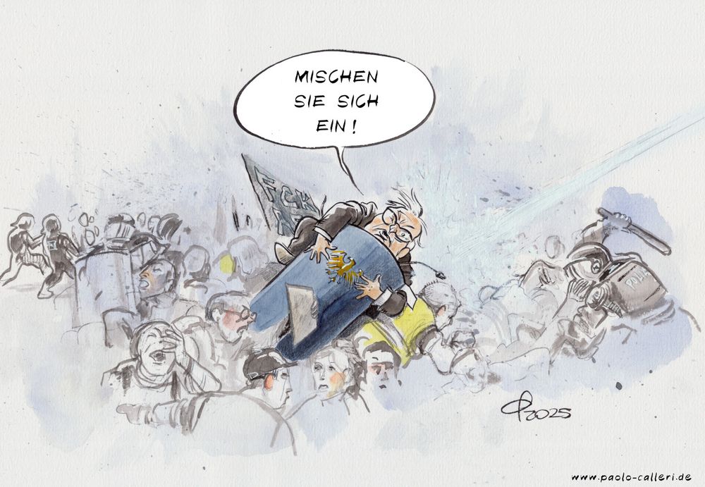 Karikatur. Bundespräsident Steinmeier klammert sich an sein dunkelblaues Rednerpult mit Bundewappen. Um ihn herum Zusammenstöße zwischen Demonstranten und Polizei. Im Hintergrund trifft ein Wasserstrahl die Menge. Steinmeier spricht: Mischen Sie sich ein!