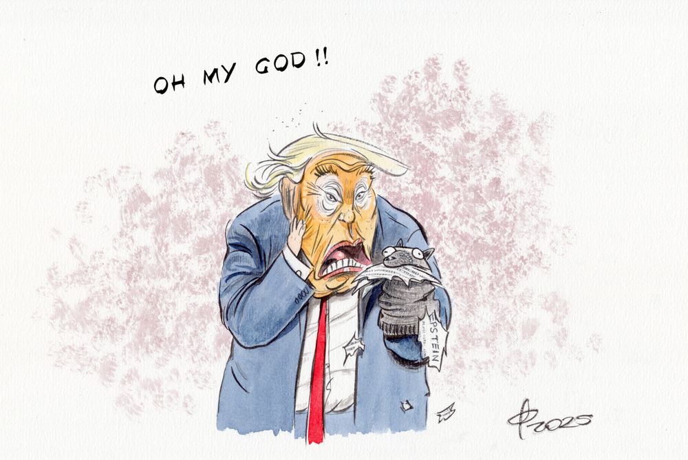 Karikatur. Trump blickt entsetzt auf die Sockenpuppe, die er selbst bedient und ruft aus Oh my god! Die Sockenpuppe ist mit Glubschaugen und Hundeohren versehen. Im Maul befinden sich beschriebene Papierfetzen, auf einem ist der Name Epstein zu lesen.