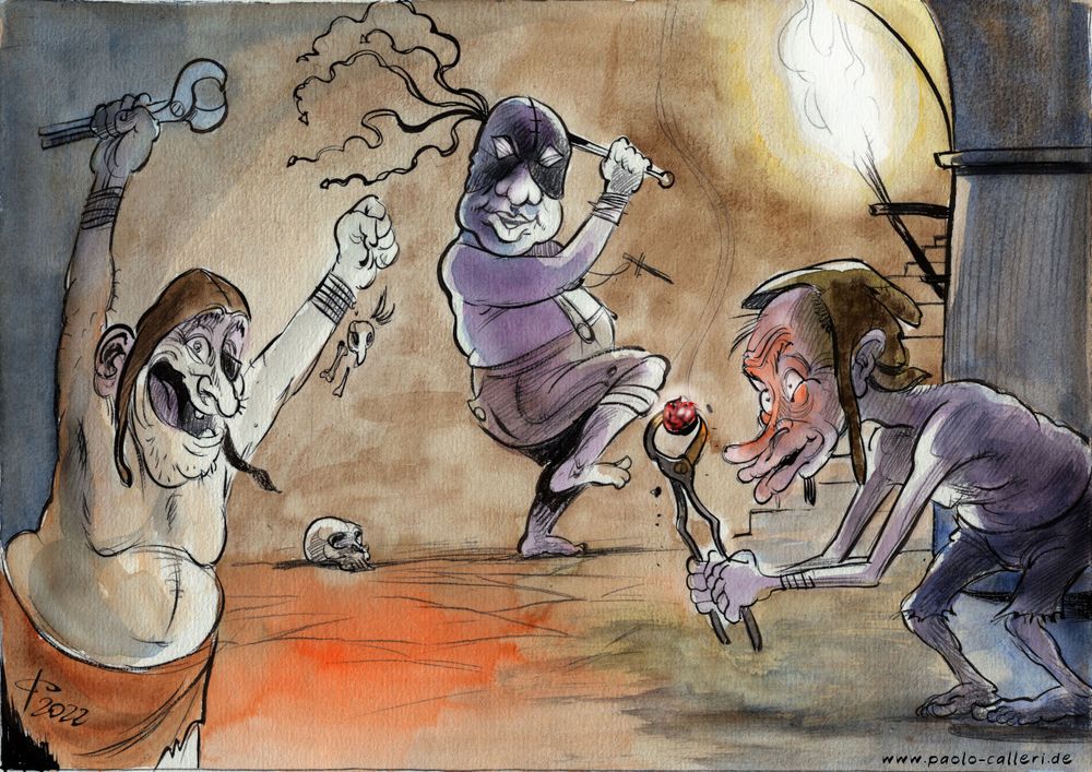 Karikatur aus dem Jahr 2022. Drei Folterknechte in einem Kellergewölbe freuen sich. Einer trägt ein Haarbüschel an seiner Stirn, der Mittlere eine Lederhose und ein Kreuz um den Hals. Alle halten Sie Folterinstrumente in ihren Händen, zum Beispiel Zangen oder eine mehrsträngige Peitsche.
