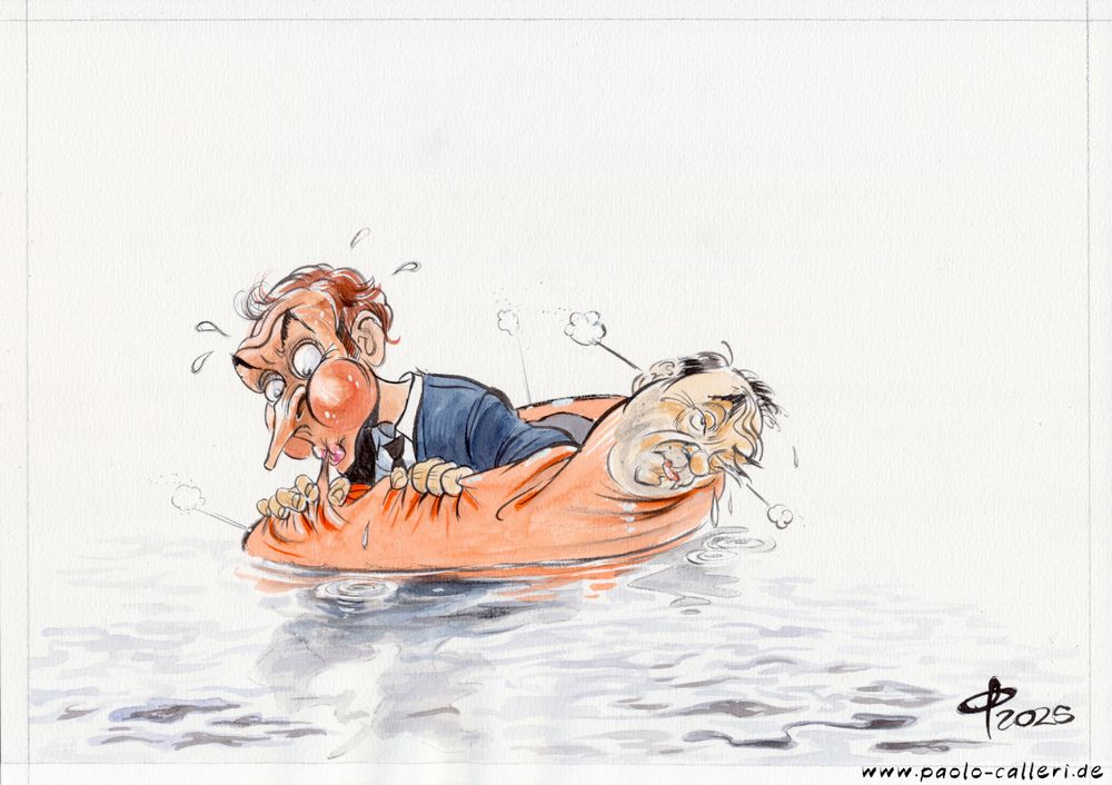 Karikatur. Macron treibt auf einem Gewässer und versucht, einen platten Rettungsring aufzublasen in dem er steckt. Der Rettungsring hat den Kopf des Politikers Lecornu.