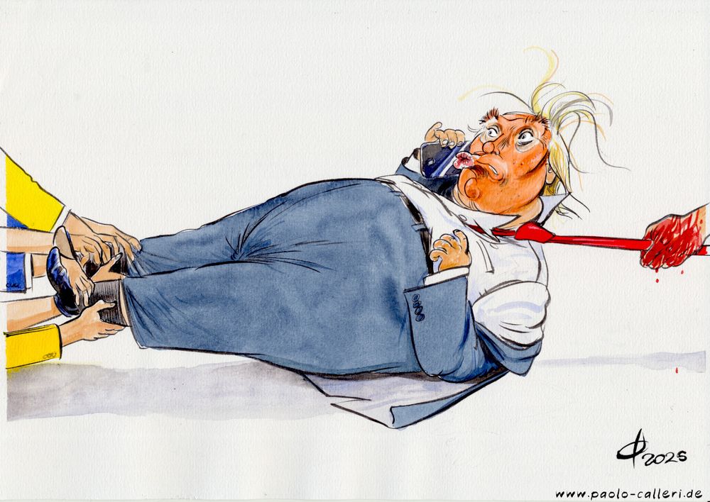 Farbkarikatur. Trump wird an den Beinen von mehreren Armen nach links gezogen, während ihn eine blutige Hand an der Krawatte gepackt hat, um ihn nach rechts zu ziehen. trump selbst hält sich das Smartphone ans Ohr. Seine Haare sind zerzauselt. Die Sakkos der Personen am linken Bildrand sind blau oder gelb.