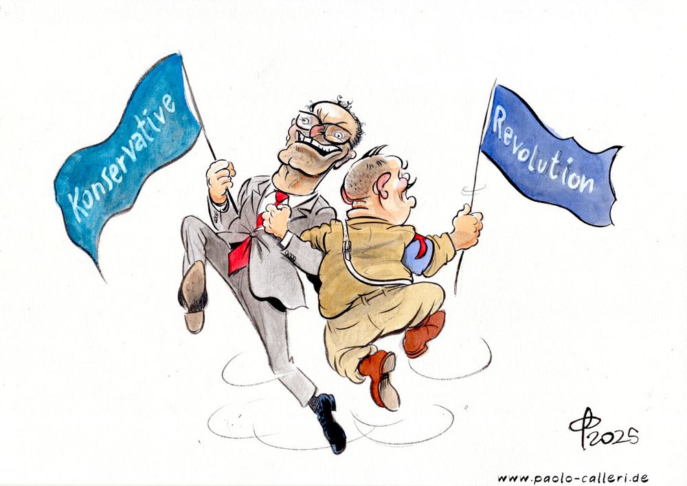 Karikatur. Jens Spahn und ein Mann in hellbrauner Uniform und blauer Armbinde tanzen eingehakt im Kreis. Beide halten Sie jeweils eine Fahne in ihren Händen. Auf Spahns türkisfarbener Fahne steht Konservative, auf der blauen Fahne seines Tanzpartners Revolution geschrieben.