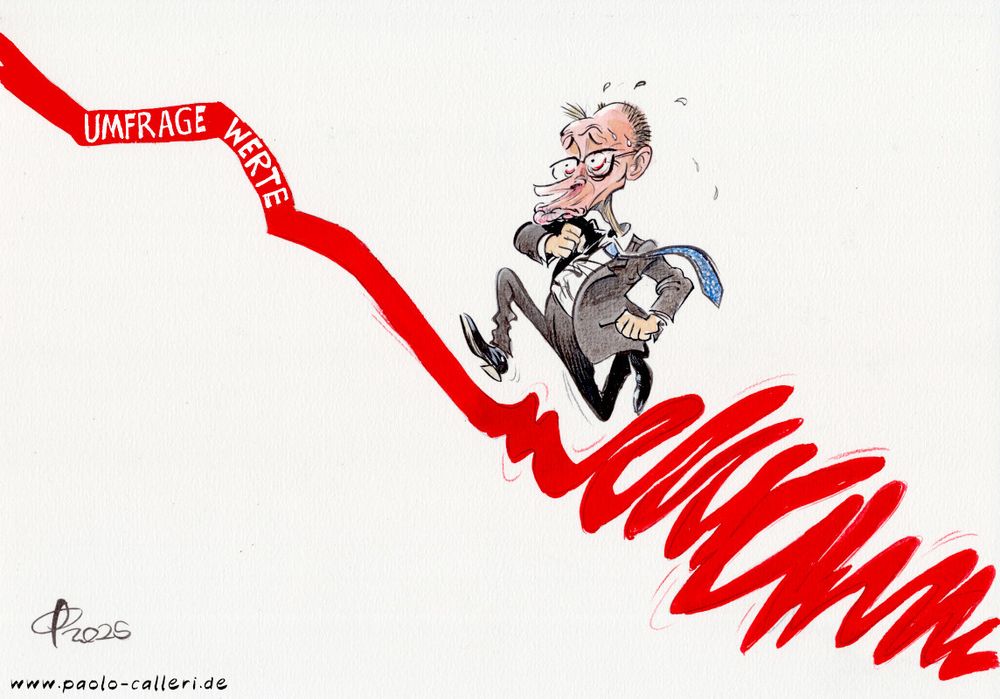 Karikatur. Eine rote Umfragekurve verläuft vom linken oberen Bildrand diagonal zum rechten unteren Bildrand. Auf der roten Kurve steht in weißer Farbe Umfragewerte geschrieben. Kanzler Merz versucht angestrengt entgegen der Richtung wieder nach oben zu laufen.