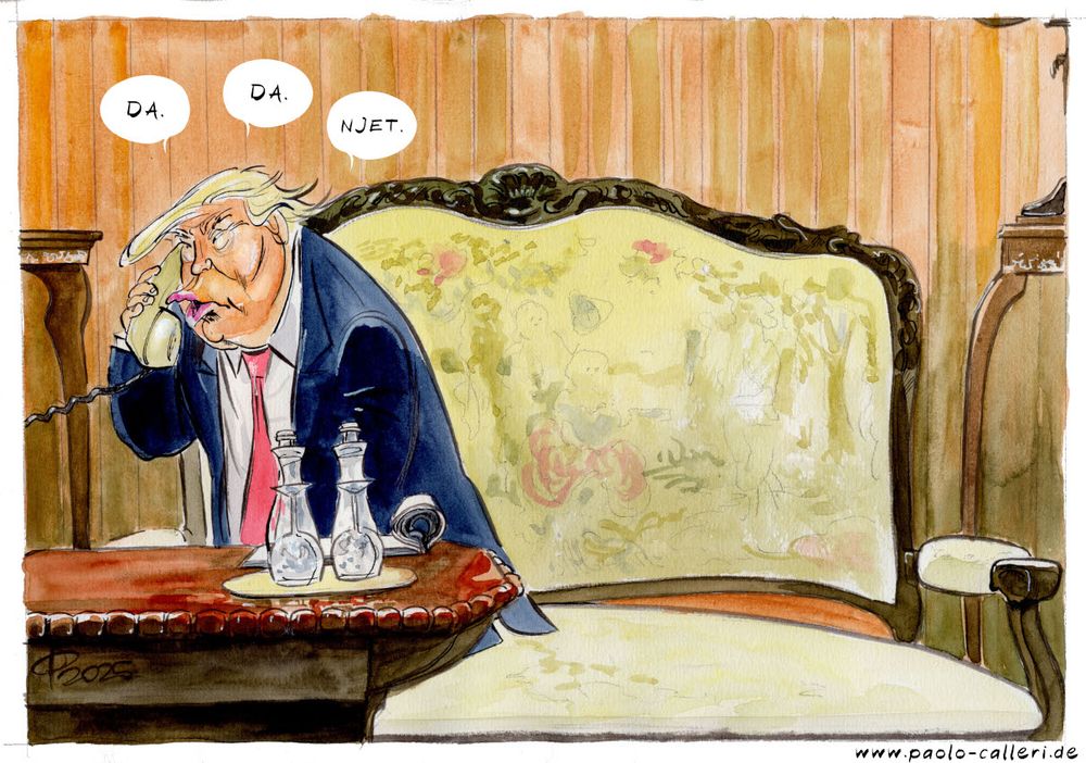 Karikatur. US Präsident Trump sitzt auf einem alten Sofa und spricht in den Telefonhörer eines Wählscheibentelefons. Er antwortet: Da. Da. Njet.