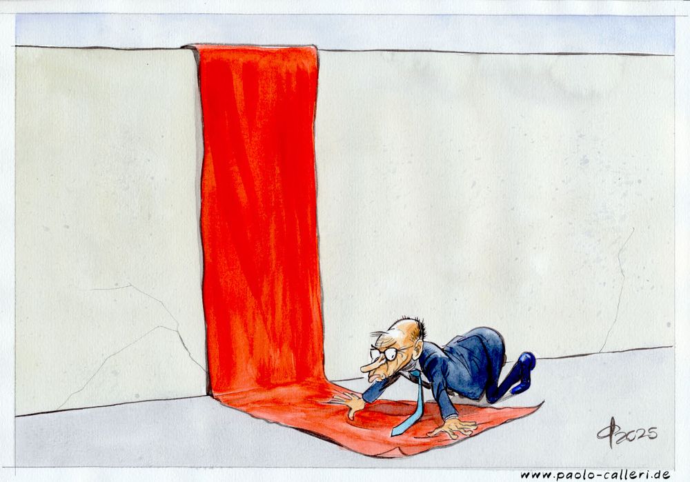 Karikatur. Merz kniet neben einer hohen Mauer und streicht einen roten Teppich glatt. Der Teppich führt auf die andere Seite der Mauer.