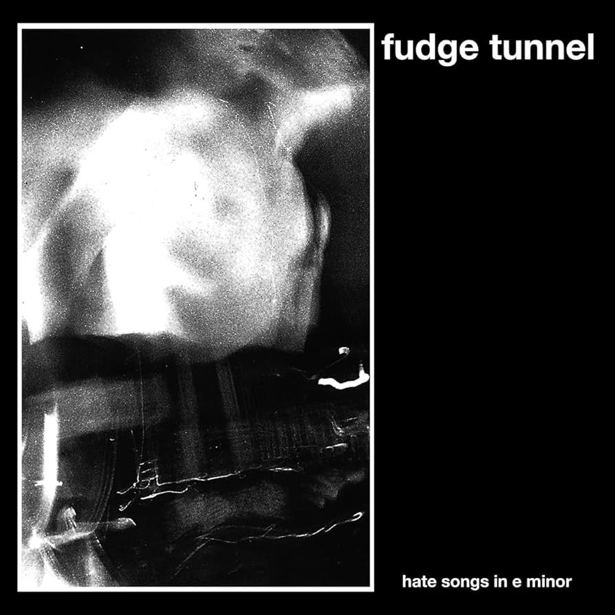 Album cover for Fudge Tunnel: Hate Songs in E Minor. A blurry image of Alex Newport playing guitar. 