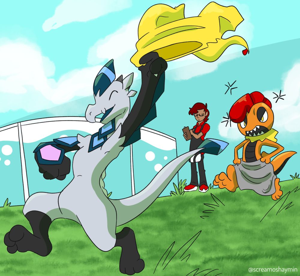 A hakamo-o with diamond scales running past a pool while carrying a scrafty's pants, with said scrafty angrily chasing her