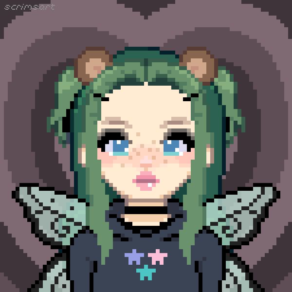 a pic crew of the person posting.  

a white character with blue eyes, freckles, green hair, fairy wings, bear ears, a black choker necklace and a black hoodie with multicolor stars.  

the character is against a multicolor heart shaped backround. 