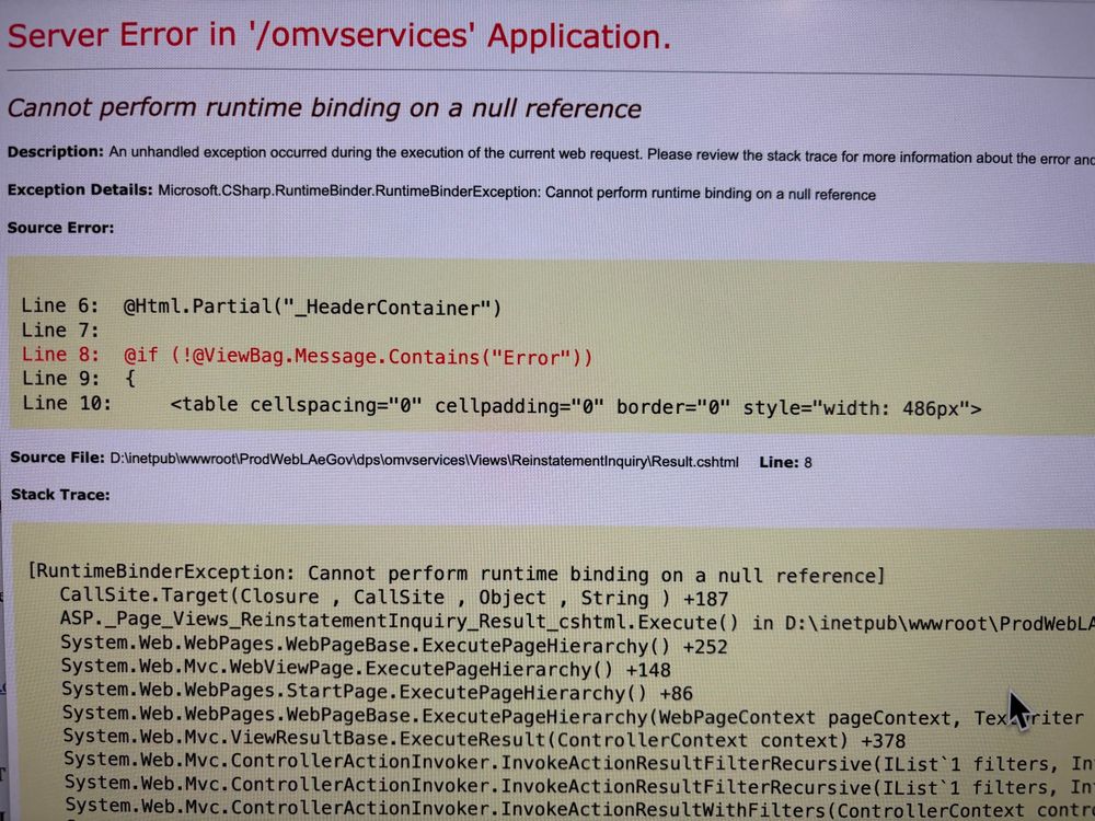 Image of a web page that states “server error in ‘/omvservices’ application with a bunch of html code below 