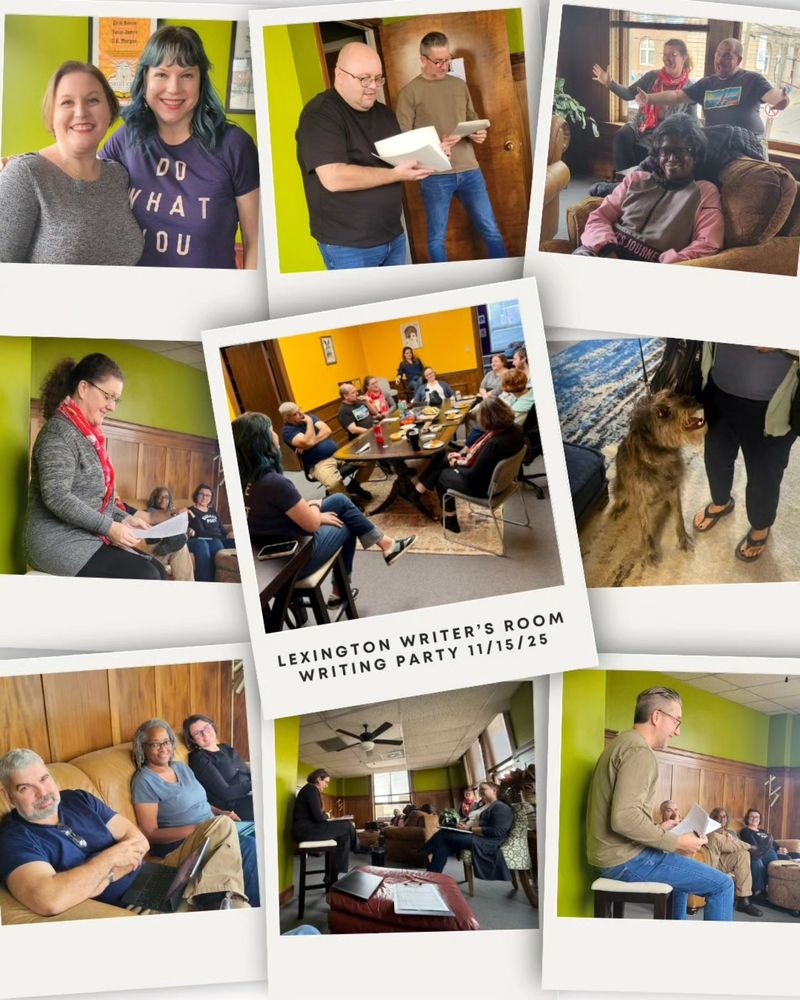 Lexington Writer's Room Writing Party 11/15/25 -- photos of people reading and gathering and snacking and a good dog named Wilda