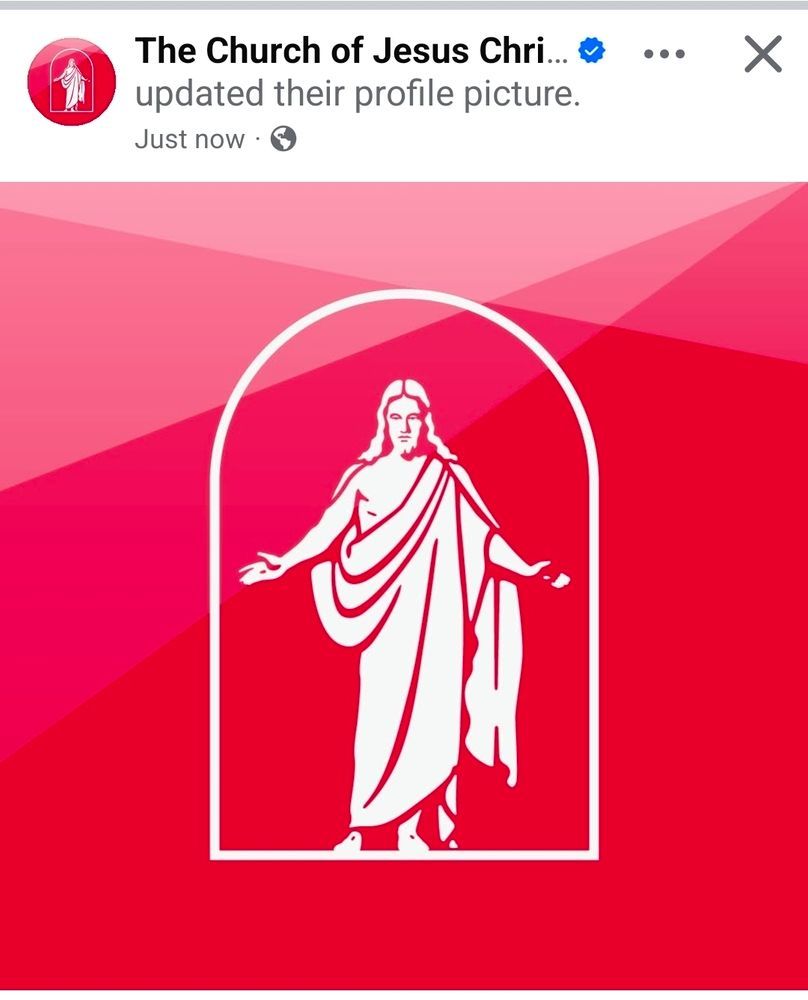 'The Church of Jesus Christ of Latter-day Saints updated their profile picture' marked JUST NOW. The Christus now has a Red background.