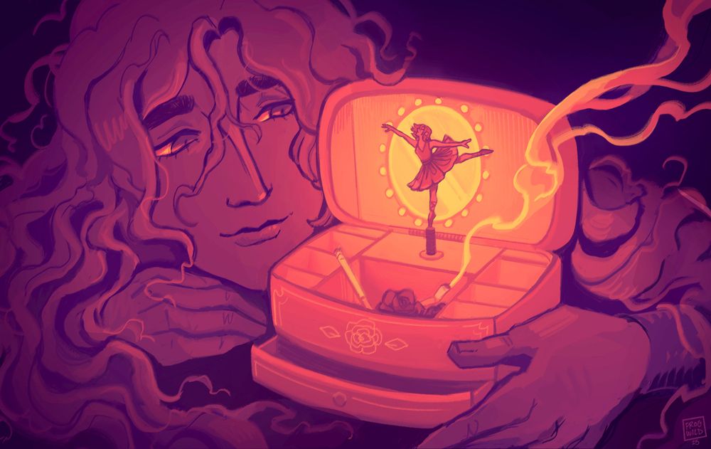 A painting of a woman with long hair leaning on a surface and looking at an open music box with a ballerina figurine inside. The storage compartment has a dry flower and a couple cigarettes. One of them is still smoking.  