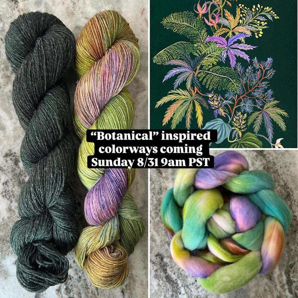 Left half: two skeins of fingering weight yarn, the left a dark forest green, the right a variegated mix of purple warm and cool greens.  Top right: botanical art by Laura Serventi, forest green background with mixed cannabis leaves and greenery.  Bottom right: a coiled braid of fiber in warm and cool greens with bits of light blue and purple 