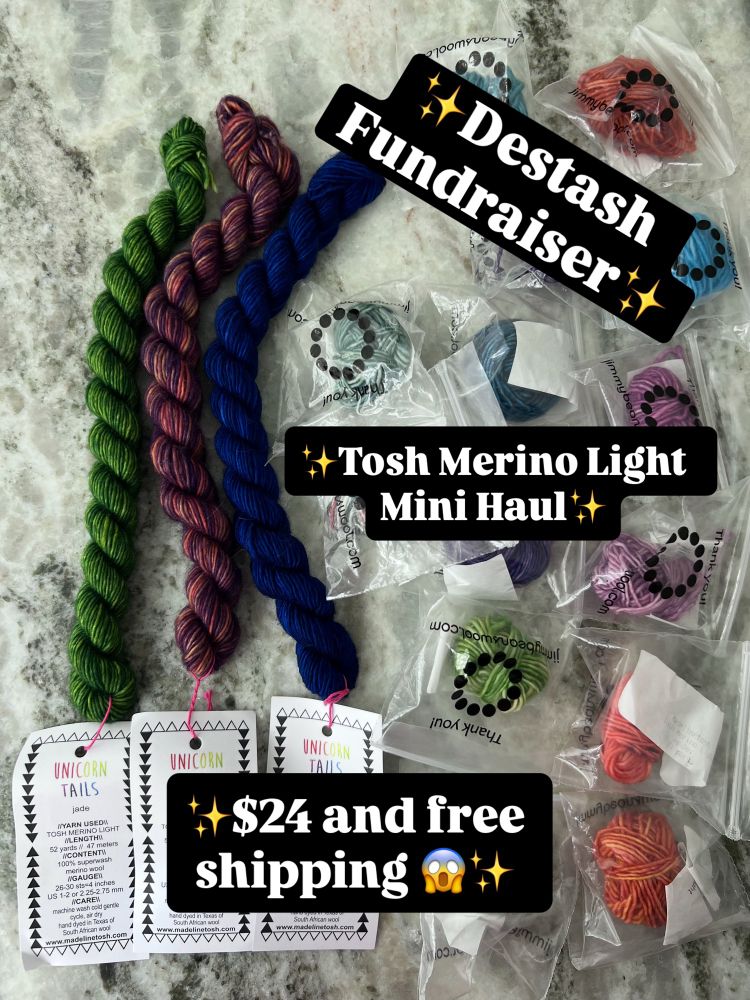 A grey marble background, three saturated mini skeins on the left, a dozen small plastic bags with colorful yarn samples on the right