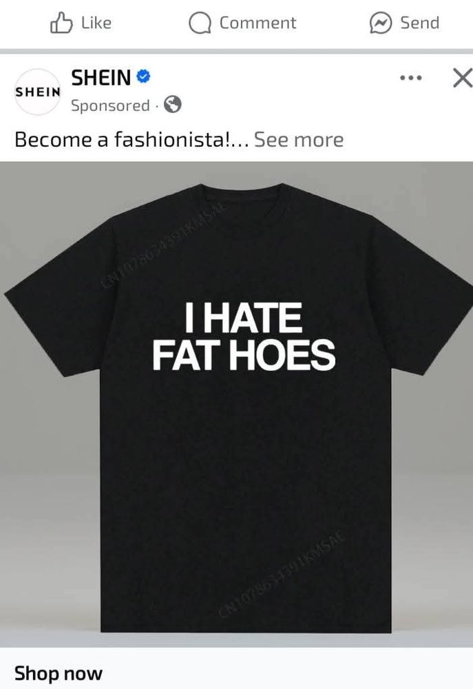 An advertisement for a black t-shirt that reads "I HATE FAT HOES"
