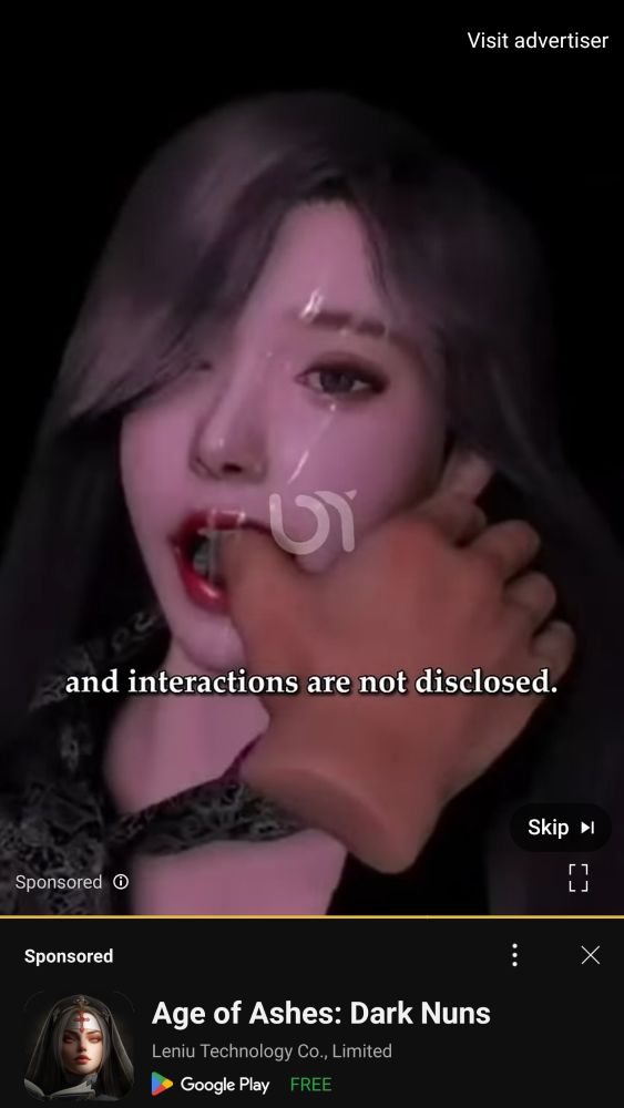 Screenshot of a an advertisement on YouTube, depicting a 3D render of a woman whose face is splattered with semen.