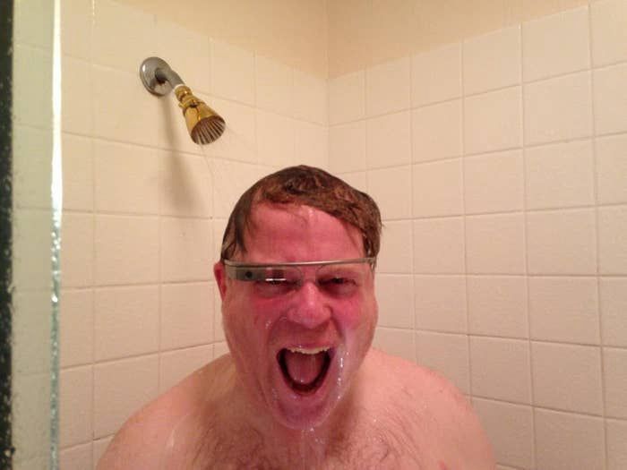 Scoble wearing his Google glasses in the shower with his mouth wide open