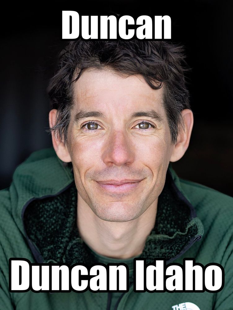 A picture of Alex Honnold, with the top and bottom captions reading “duncan” and “duncan idaho” respectively