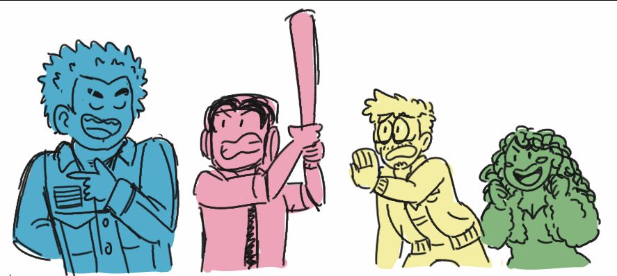 Draw the Squad meme with OP's OCs. Whale (blue) makes a smug gesture, prompting Candy (pink) to raise a baseball bat against him. Devil (yellow) begs Candy to stop, while Chlorophyll (green) cheers him on.