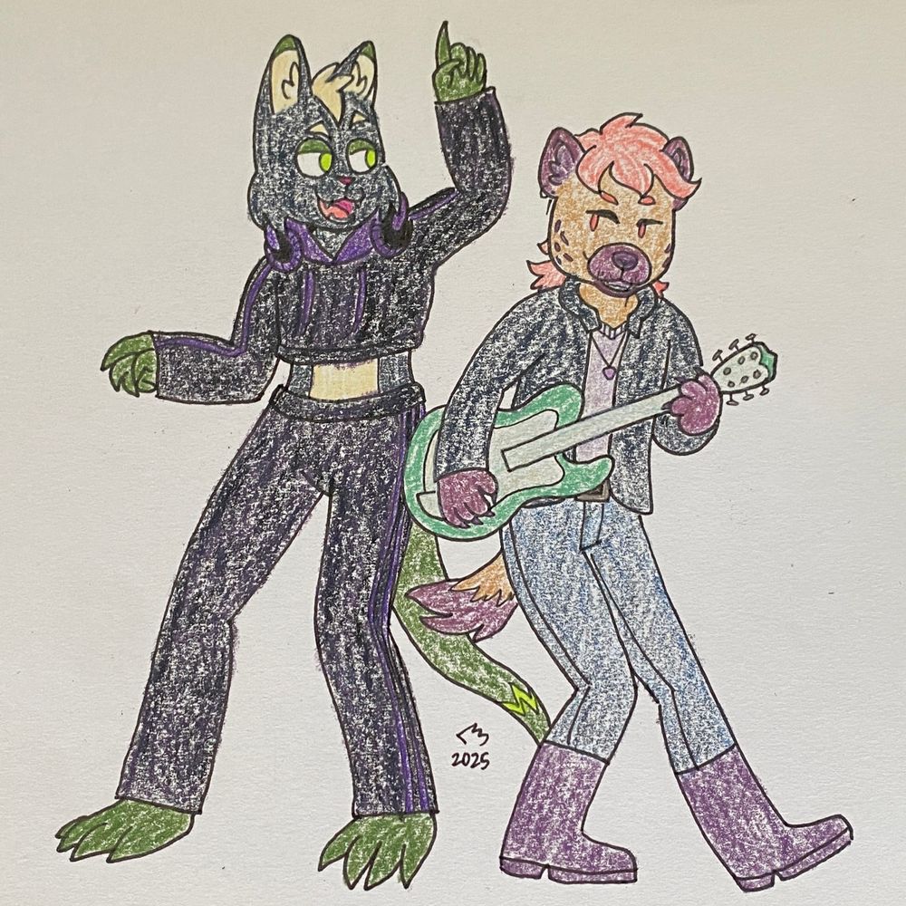 Burn (bobcat dragon musician) and Val (hyena with nice jacket and nice guitar) striking the DJ Yellow and Right Rocker poses from Rhythm Heaven DS.