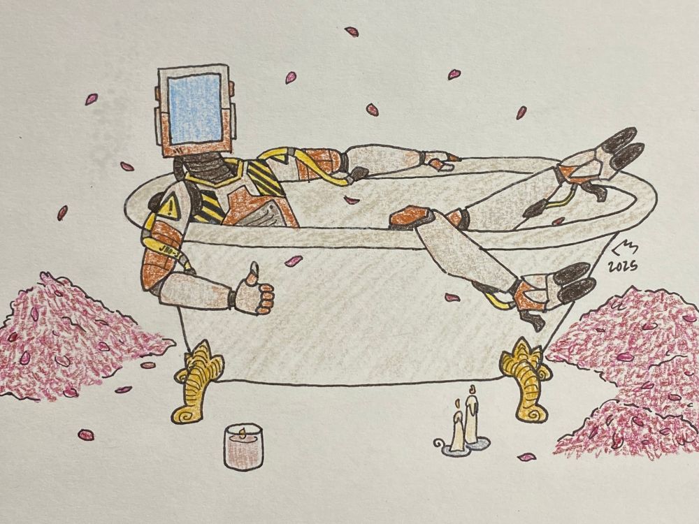 Juno (underground robot) in a bathtub surrounded by rose petals.