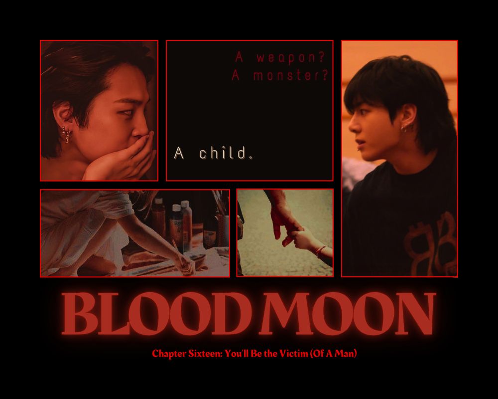 chapter graphic for my wip blood moon, featuring jikook + an adult holding hands with a child, a child painting, and a text picture that says "a weapon? a monster? A child." 