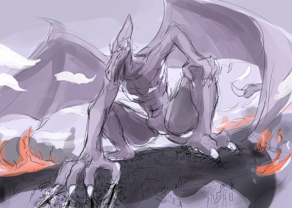A gigantic Ridley crouches over a cityscape on fire with a grin on his face while clawing across many of its puny blocks