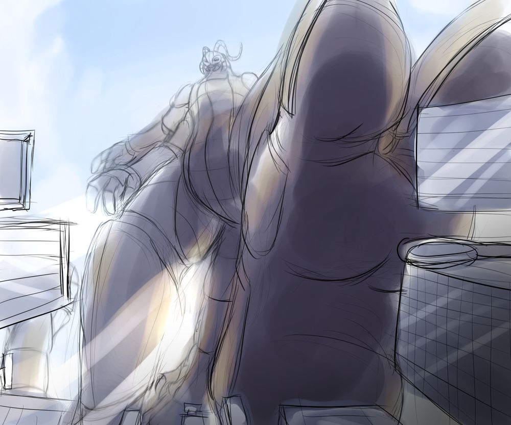 A gigantic anthro centipede raises its foot over a city in the middle of a walk