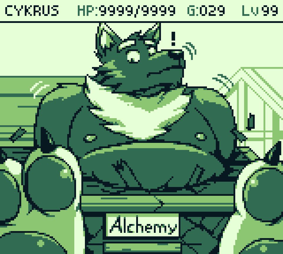 Having spent a bit of his money, the wolf comes out of the store... by growing through the roof, much to his own surprise, while all of his visible stats become maxed out