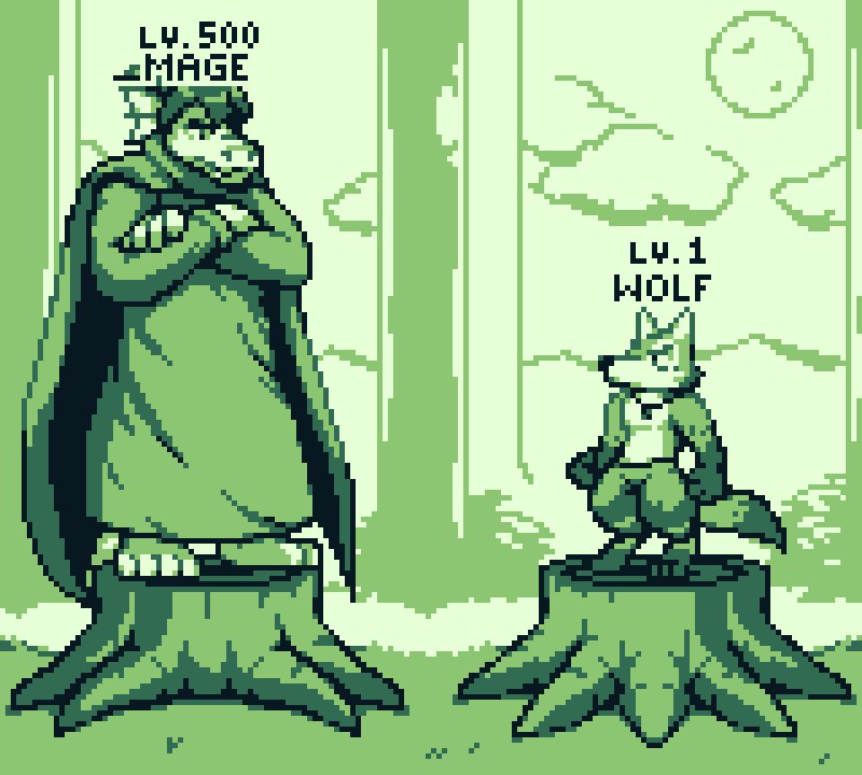A very powerful level 500 Mage encounters a weak level 1 wolf enemy in the forest, both of them standing on top of tree stumps. However, it turns out these are not ordinary stumps, but magical ones.