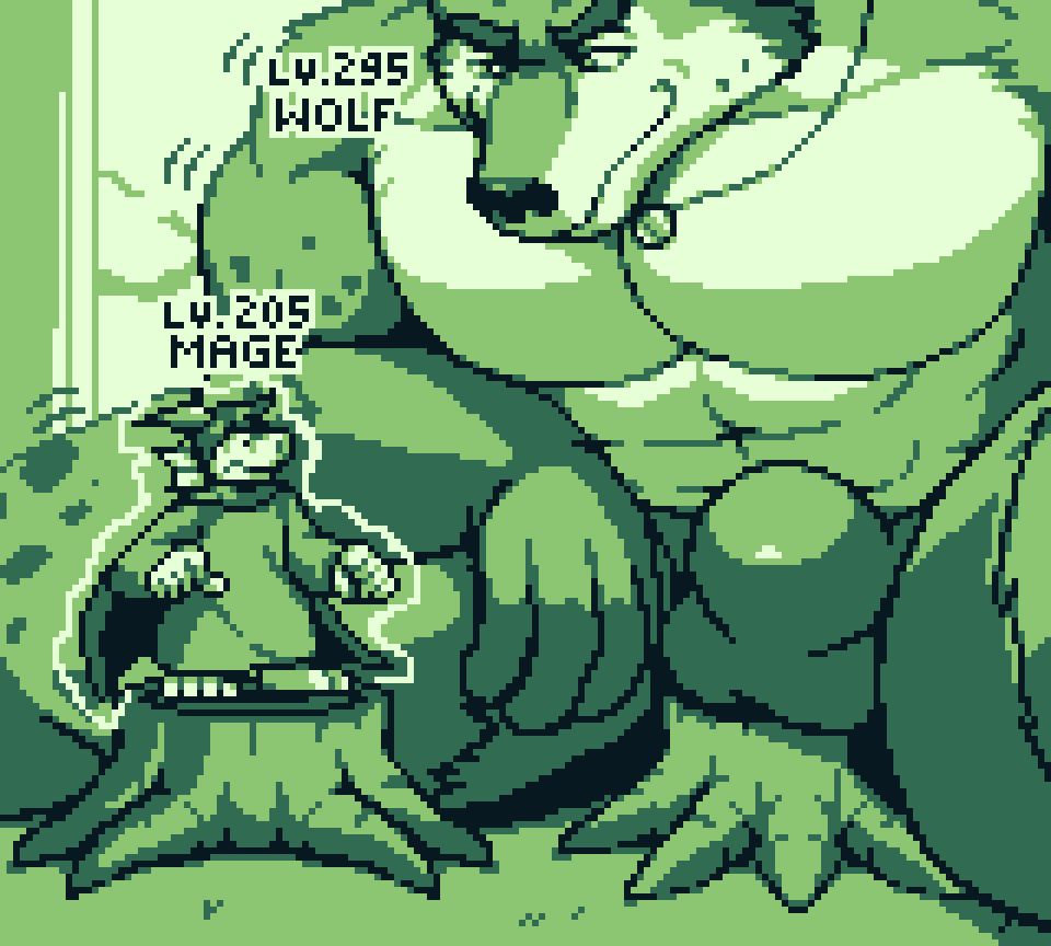 This trade of power between the two continues. The mage turning even shorter, at disbelief of what is happening while unable to realize the cause of it, as the wolf has grown so gigantic that not only his pants are starting to rip apart, but he's just so big to the point he could no longer stand on top of the stump, so he gets around this by laying his bulge on top of the stump in order to keep draining the once powerful mage. And he's definitely not done. The wolf wants to get MUCH bigger.