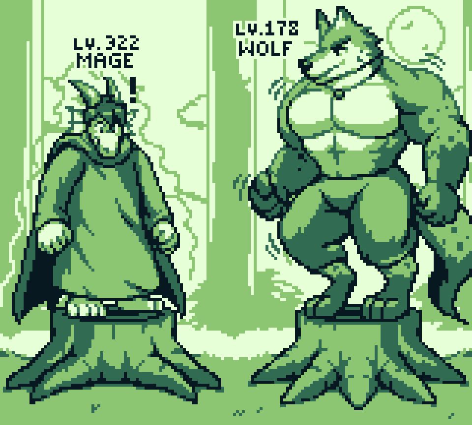 Said tree stumps have the magical function of taking one being's size and power and transfer it to whoever stands on the other stump. The mage is surprised by this, seeing his body decrease in size, and all his magical power starting to leave him and going straight into the wolf, who already got a steady increase in physical strength and overall size. The mage now at level 322, and the wolf at level 178.