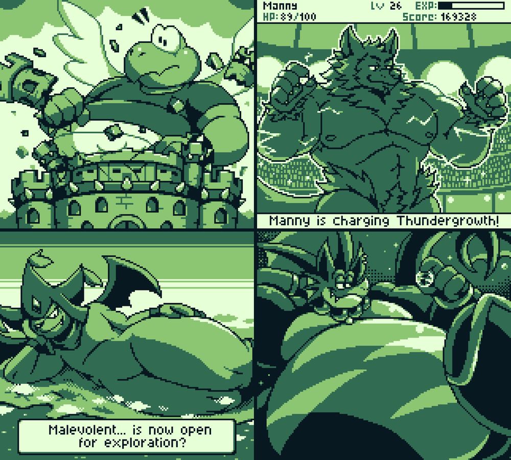 Guidelines for Boss Sized pixel commissions:

- Message me here directly on BlueSky if you're interested! My DMs are open!
- Theme of the pictures are a big or giant character/boss/villain
- *Payment upfront!*
- Around $80 for one picture, pricing varies depending on complexity
- Extra panels can cost as little as an extra $30 depending on how simple they are (i.e.: same background, bigger character). More complex panels will cost more!
- NOT currently accepting animated commissions! That'll be for another time!
- Original Game Boy styled (4 colors, 160x144). You can ask for a different palette, by the way!
- Either OCs or licensed characters are accepted!
- If you so desire, you can use an existing game as the setup for the picture. Have your character in a Super Mario Land level or in a Pokémon battle and such. Most people just go for completely fresh settings and backgrounds, though!
- Will update you on the progress to make sure you're satisfied with the direction of the picture. You're free to ask for changes until the commission is finished!
- NSFW is allowed! Although I will draw the line on certain subjects (gore, gross things, etc)
- *MUST BE OVER 18 TO COMMISSION*