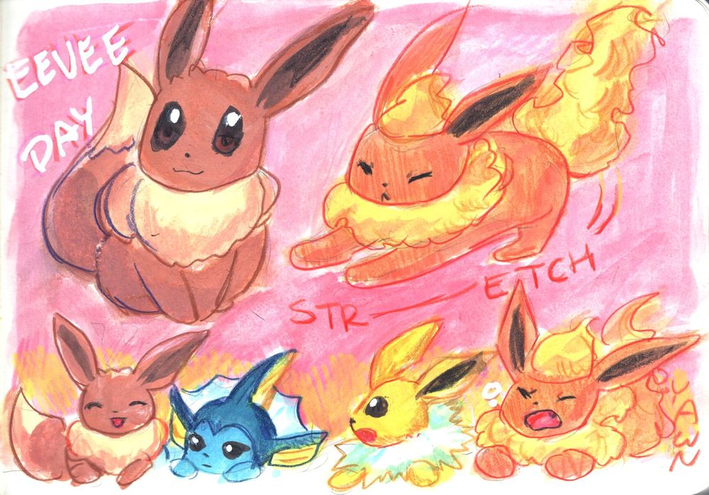 traditional art of Eevee at the top left and a Flareon stretching in a cat-like manner on the top right. Below is another drawing of Eevee, and from left to right, Vaporeon, Jolteon, and another Flareon. The image is done in gouache paints, and the background is pink.