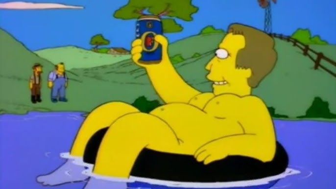 Simpsons. The prime minister is lounging naked in a tube in a lake, drinking fosters 