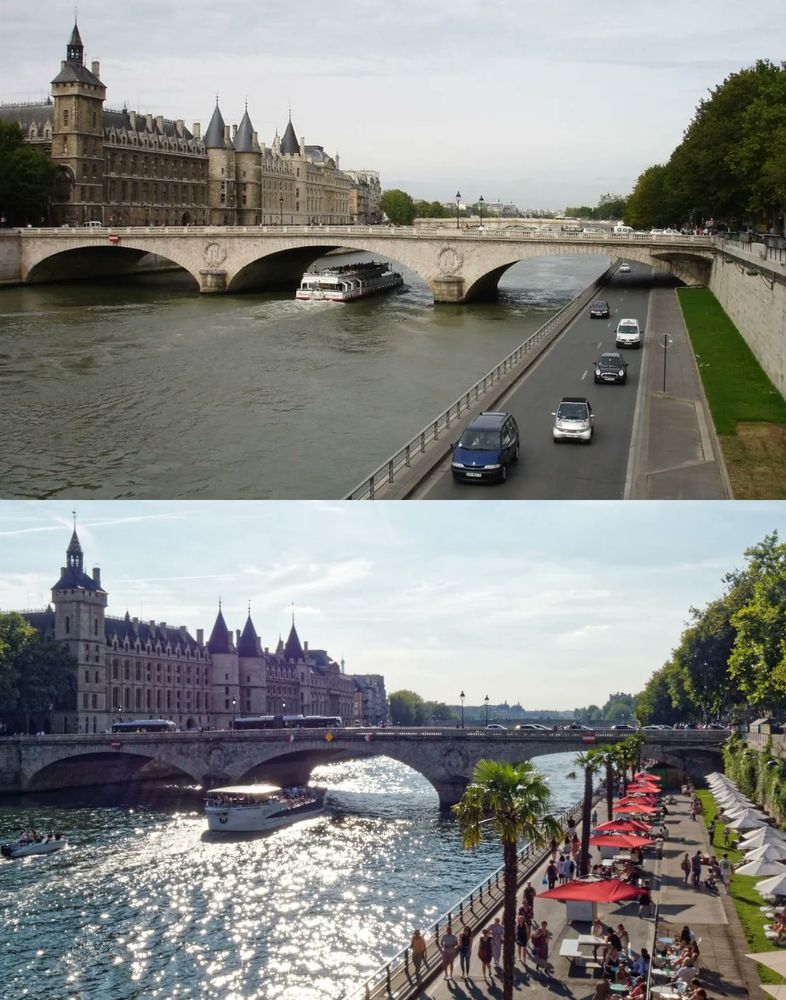 Before and after photos of the Seine. Before: a two lane road with four cars driving next to the river. After: the road turned I to a path for people, with rows of trees, public tables with umbrellas, and lounge chairs