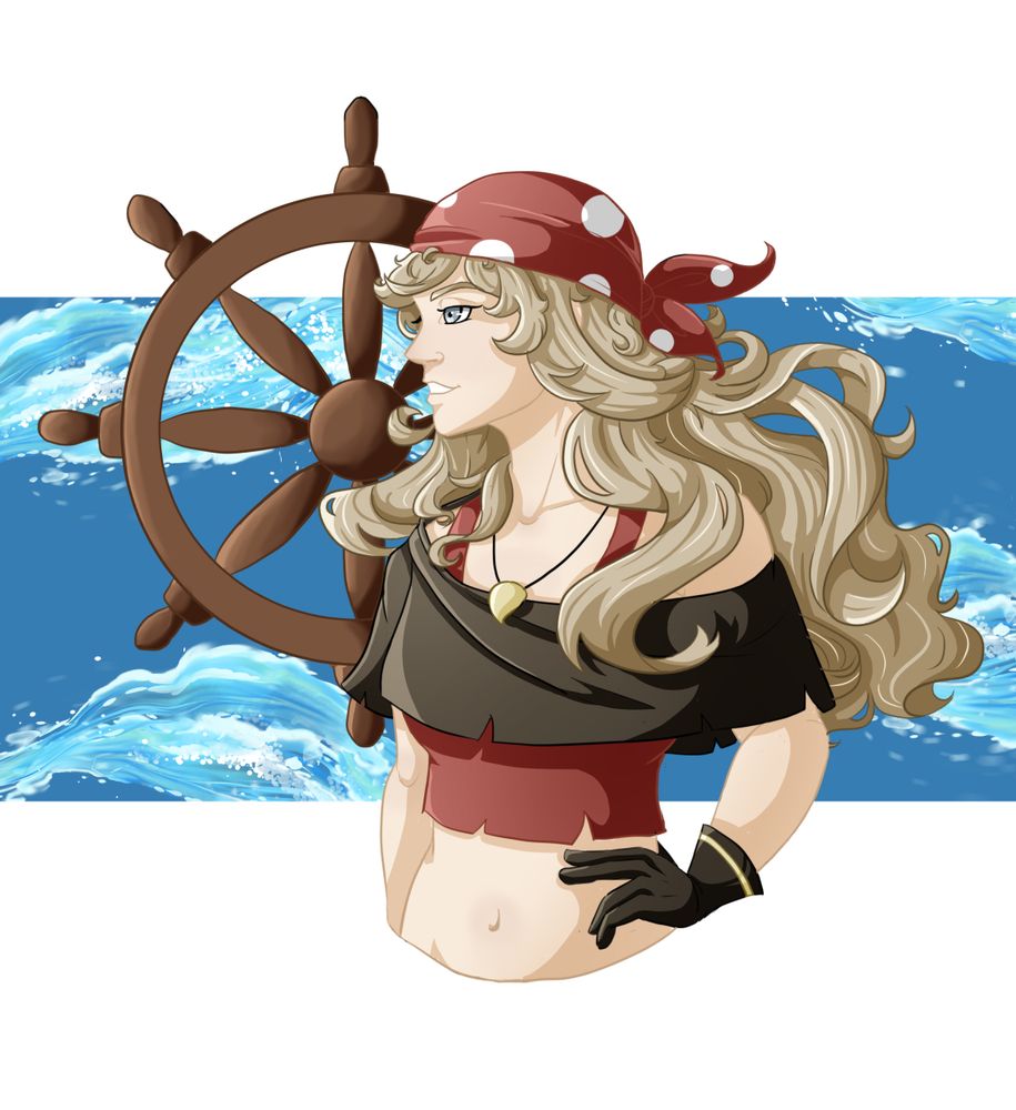 Pirat with steeringwheel in the background
