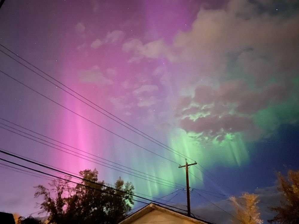 The northern lights above a home with blue, green, and pink in the sky. There are a few power lines crisscrossed over the stars. 