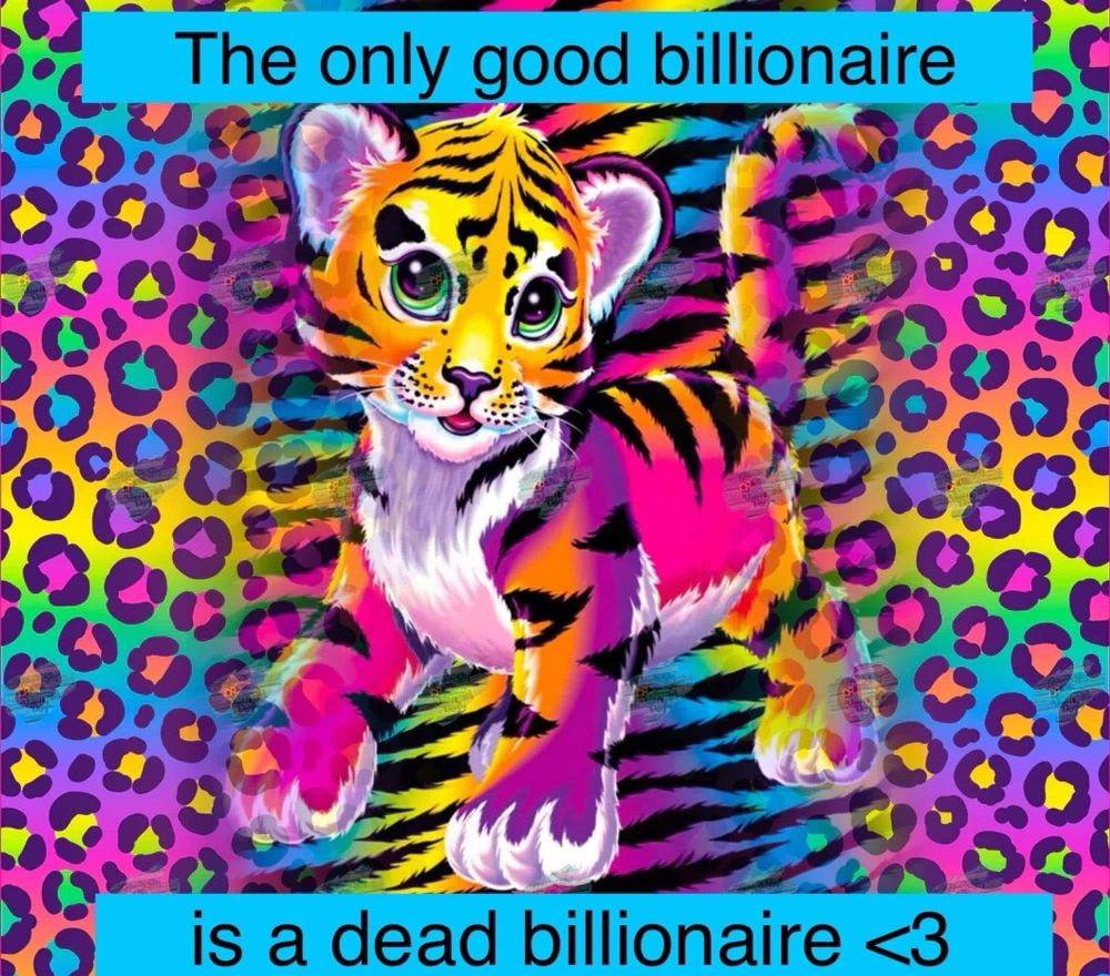 A meme of a baby tiger surrounded by leopard spots in the Lisa Frank style of bright colors, with the words "The only good billionaire is a dead billionaire" in black front over a light blue background 