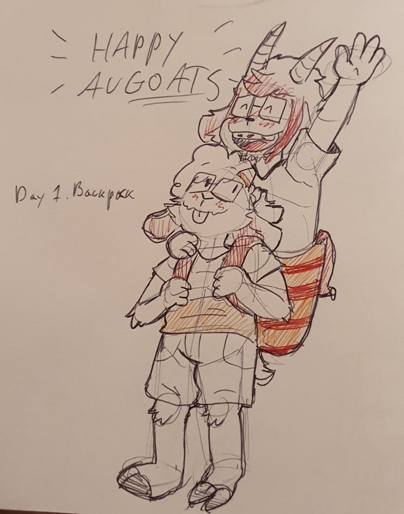 Ty waving happily and exclaiming "Happy Augoats" while riding inside the backpack of Candyhorn